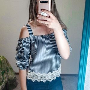 A. BEYER Blue Striped Cold Shoulder Top